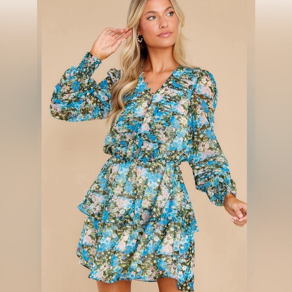 Allison Sammy Blue Floral Ruffle Dress Puff Sleeve Small